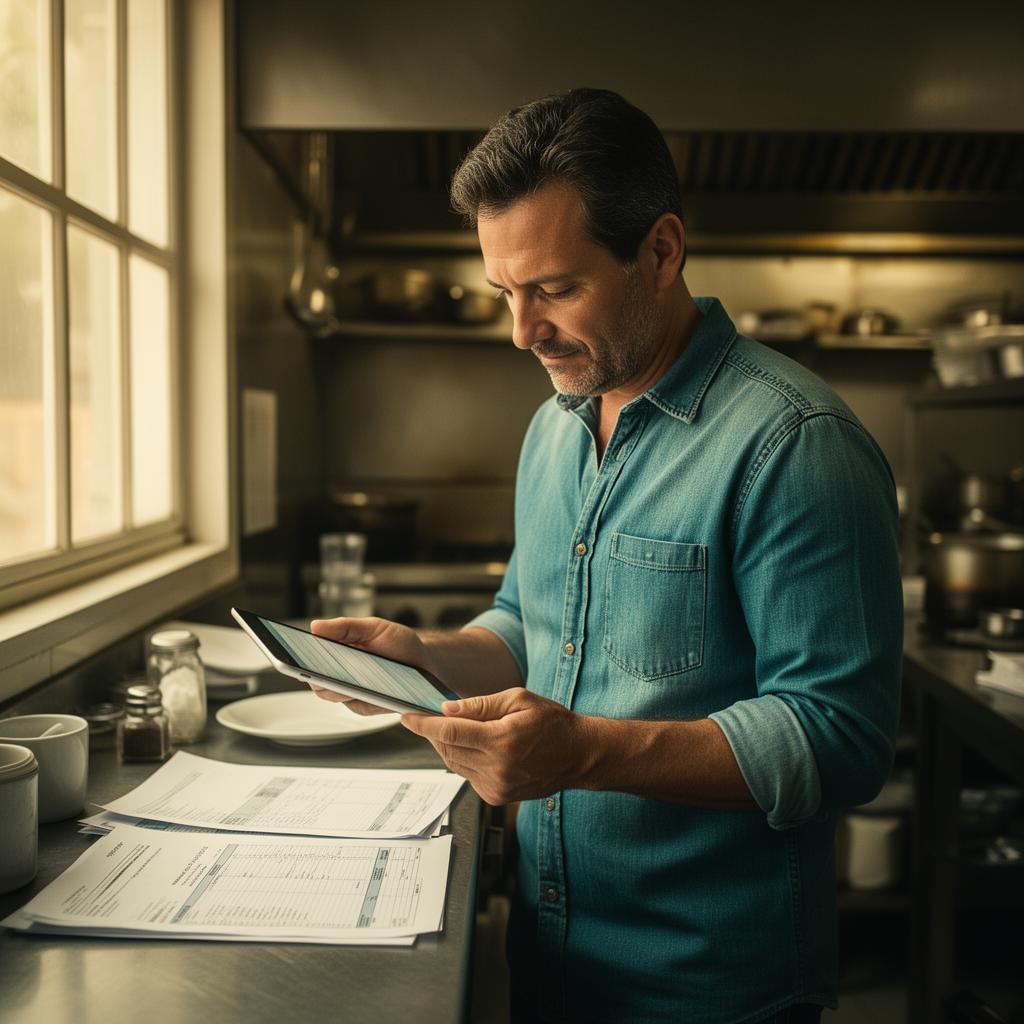 Empresário do food service revisando indicadores financeiros em cozinha industrial no Sul do Brasil